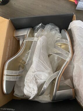 Naturalizer Silver Rhinestone Strappy Block Heel Sandals
